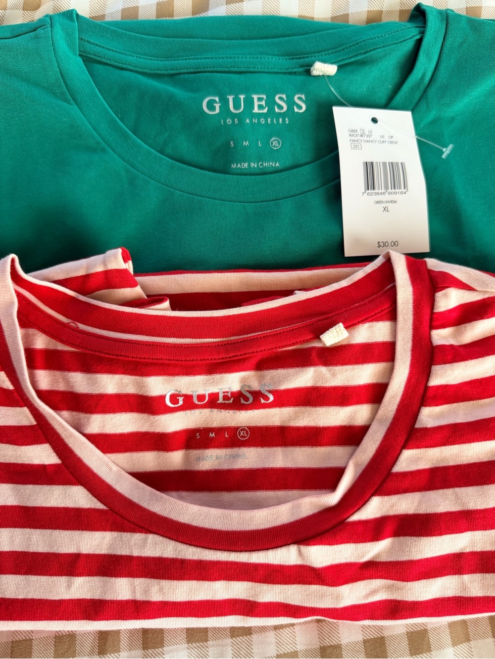 GUESS Women's Teal Green Embossed Logo Tee & red stripe shirt. Soft in XL SIZE